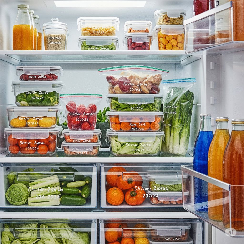 A close-up highlighting effective food storage methods. This could show clear containers with labels and dates, properly sealed freezer bags with contents identified, or a neat arrangement in a refrigerator shelf. Focus on clarity and preventing waste.