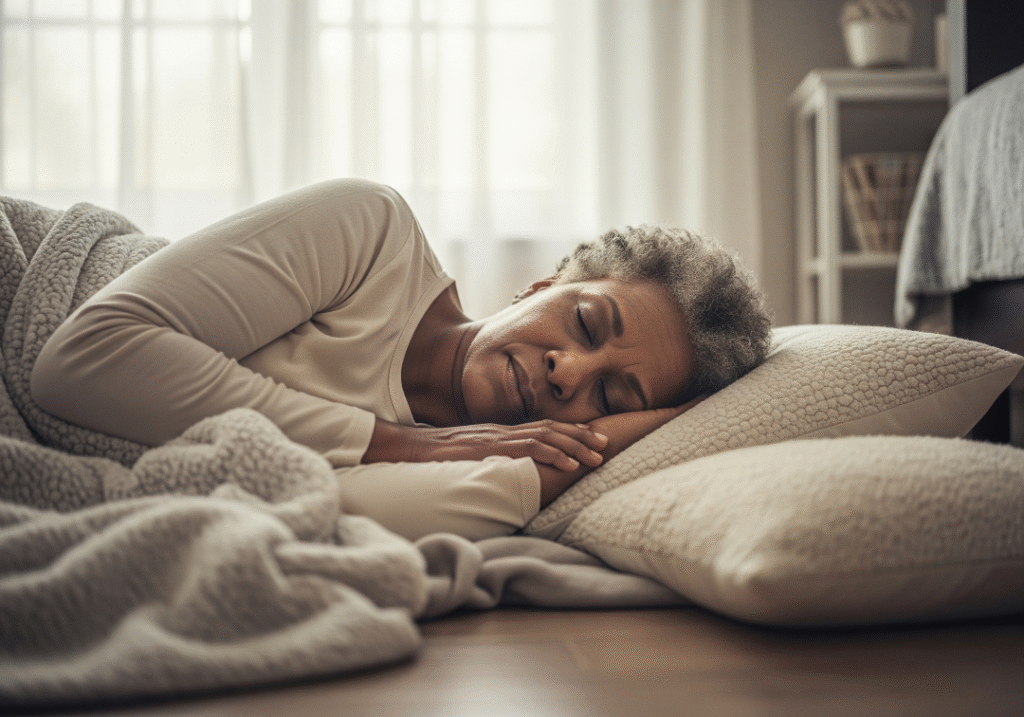 Senior person sleeping peacefully in a cozy, warm bedroom environment