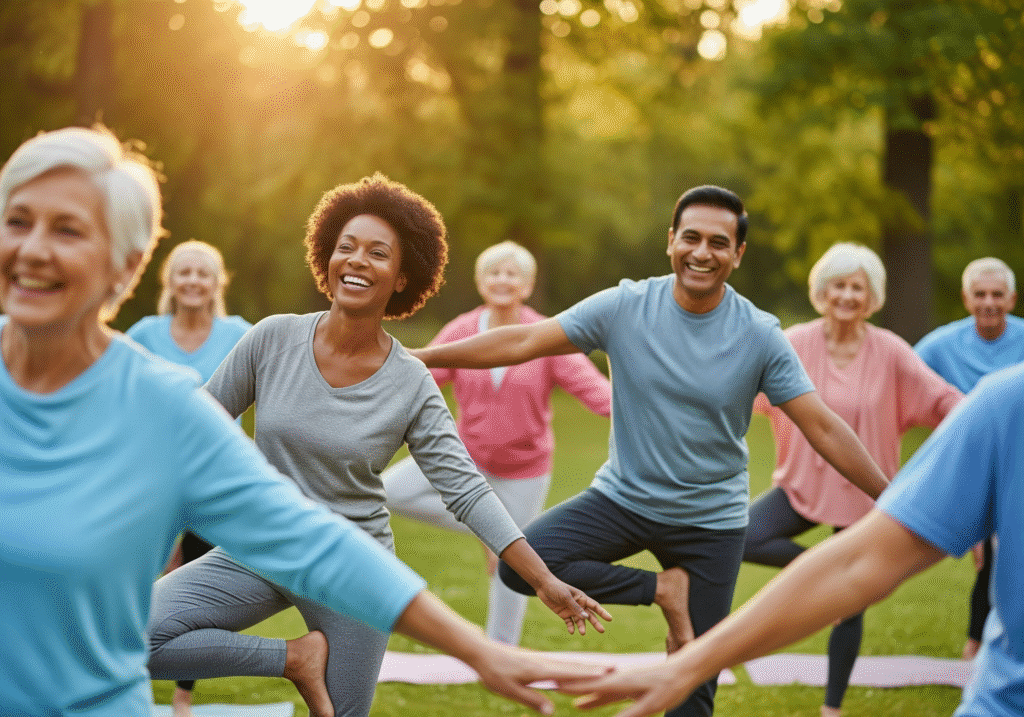 Happy and active seniors enjoying outdoor exercise in a park, illustrating a full and energetic senior lifestyle.