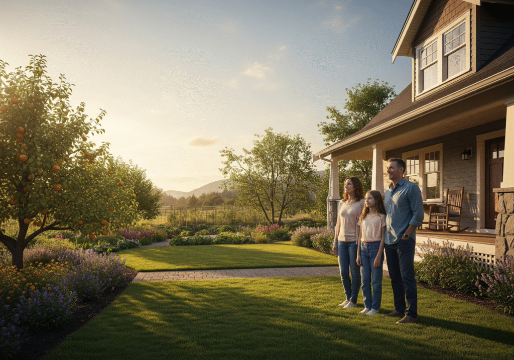 A family of three, a mother, father, and a teenage girl, stand on the lawn in front of a well-maintained, craftsman-style house with a thriving garden. They are looking confidently towards a distant horizon, with warm, natural light from a setting sun creating a serene and peaceful atmosphere.