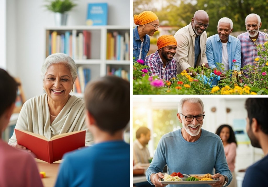 Diverse group of smiling seniors volunteering in various activities, such as community gardening, reading to children, and serving meals, conveying well-being and purpose in retirement.