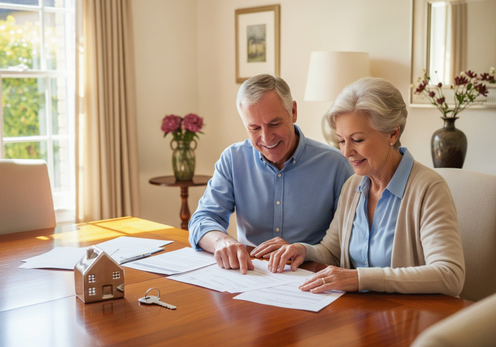 A smiling senior couple, seated at a dining table in their home, looks at financial documents. A house figurine and a key on the table symbolize home equity, representing a beginner's guide to a reverse mortgage.