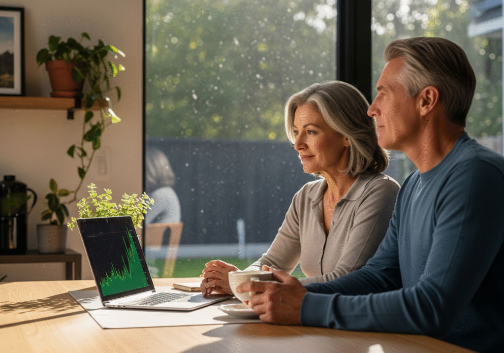 A serene and confident couple in their 50s sitting at a table. The woman looks at a laptop screen displaying a positive financial chart, while the man holds a coffee cup, gazing thoughtfully. The scene, bathed in warm sunlight, represents Investing in Your 50s and successful Retirement Planning, conveying financial security and peace of mind. Keywords: Retirement Wealth, Financial Planning, Investing Strategies, 50s Investment.
