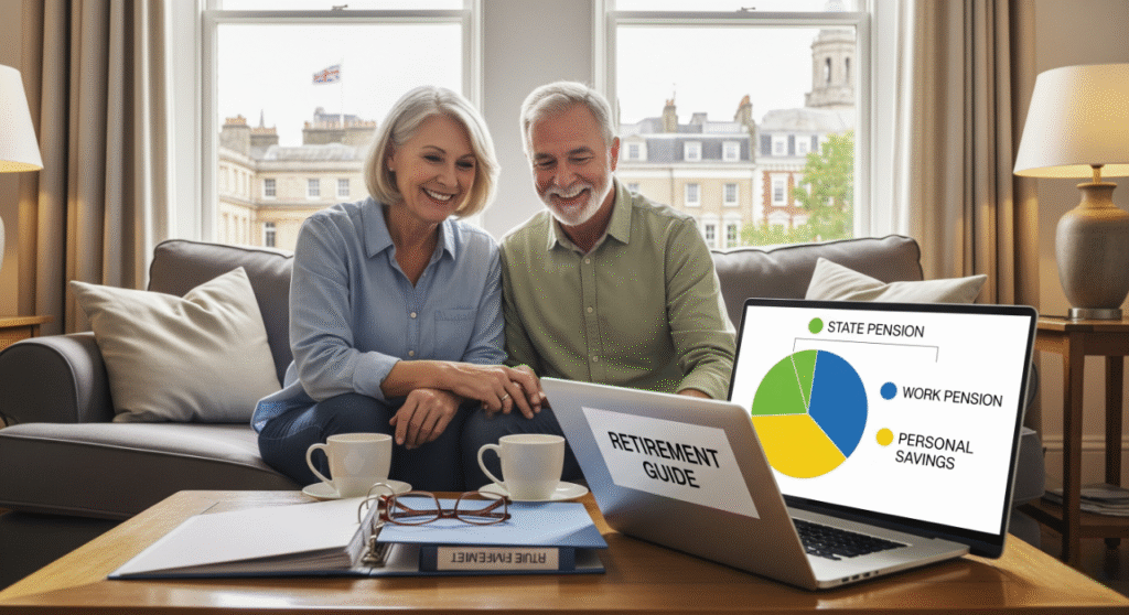 A smiling senior couple, seated in a sunlit living room with a UK cityscape in the background, looks at a laptop screen. The screen shows a pie chart illustrating their retirement portfolio with sections for 'State Pension', 'Work Pension', and 'Personal Savings'. A binder titled 'Retirement Guide' is on the table, symbolizing financial planning and security for a comfortable retirement.