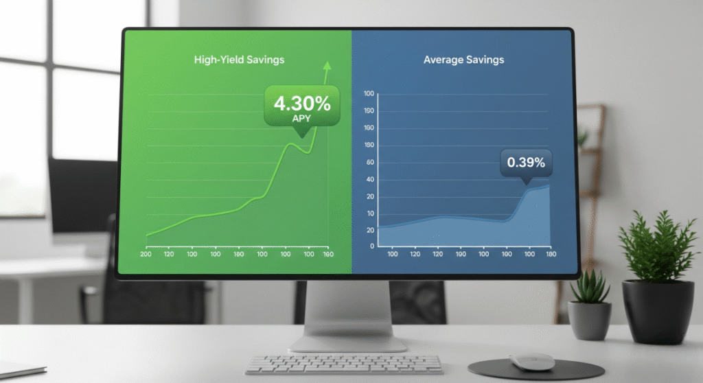 A computer monitor displaying two graphs side-by-side. The left side has a green graph titled 'High-Yield Savings' with a steep upward curve and '4.30% APY' displayed. The right side has a blue graph titled 'Average Savings' with a much flatter line and '0.39%' displayed