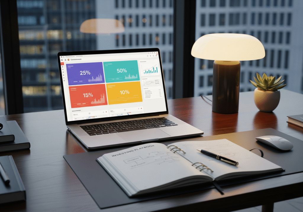 A high-end office desk setup featuring a laptop displaying a financial dashboard with four sections labeled "25%", "50%", "15%", and "10%", representing the 25/50/15/10 Framework. An open notebook titled "Investing Playbook" lies next to the laptop, suggesting a clear strategy. The image, set in a modern office with a city view, conveys a sense of wealth, organization, and a professional approach to finance. Keywords: Money Management, Financial Framework, Investing Strategies, Personal Finance.