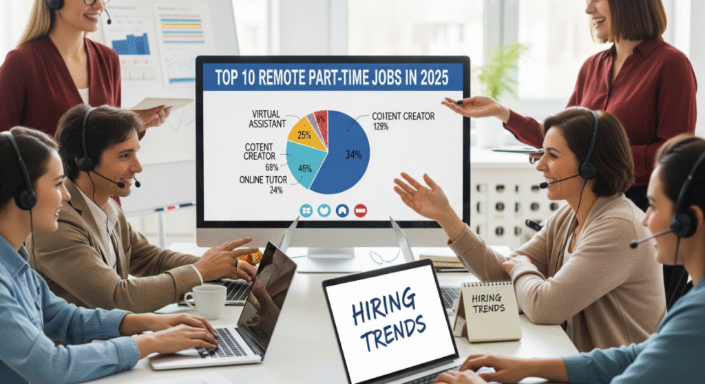 A group of diverse professionals, including men and women wearing headsets, are gathered around a table with laptops, engaged in a virtual meeting. A large monitor in the center displays a pie chart titled 'TOP 10 REMOTE PART-TIME JOBS IN 2025' with percentages for job categories like 'VIRTUAL ASSISTANT' and 'CONTENT CREATOR'. A notepad on the table has the words 'HIRING TRENDS' written on it.