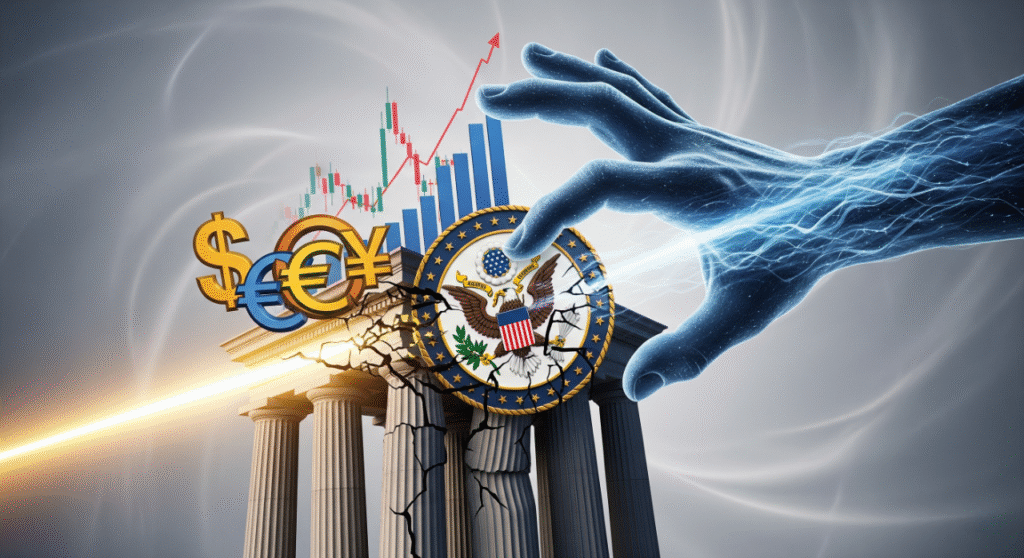 A conceptual image shows a large, glowing blue hand with electrical currents appearing to reach towards a set of neoclassical pillars that are cracking at their base. Floating above the pillars are a stock chart, a dollar sign, a euro sign, and a yen sign. A large, stylized seal of the United States with a cracked eagle is in the center, and a bright beam of light is shining from the lower left.