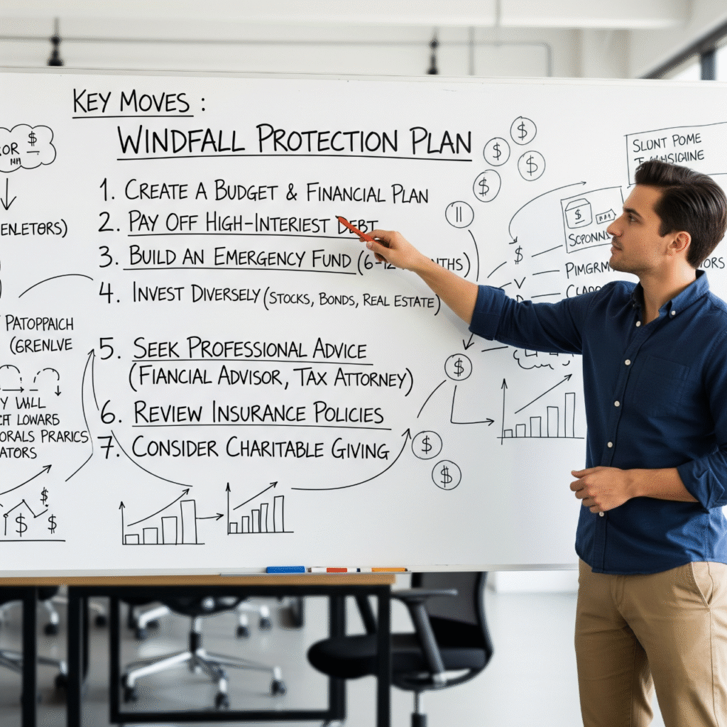 A man in a blue shirt and khaki pants stands in front of a large whiteboard, pointing with a red marker to a section titled "Key Moves: Windfall Protection Plan." The whiteboard lists seven steps, including "Create a Budget & Financial Plan," "Pay Off High-Interest Debt," and "Build an Emergency Fund." Various financial diagrams and notes are also visible on the board.