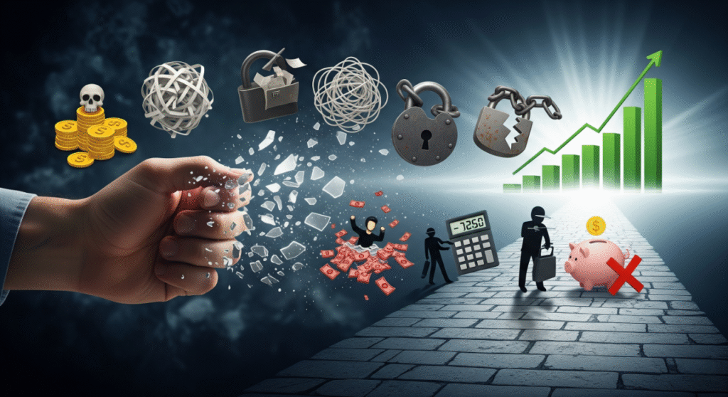 A powerful conceptual image illustrating the debunking of personal loan myths. A large hand on the left is shown "shattering" various negative symbols like a skull on gold coins, tangled balls of wire, and broken padlocks, representing common misconceptions. These broken elements transform into positive outcomes on the right, such as a rising bar graph, a piggy bank with a dollar coin, and figures engaging with financial tools like a calculator. The background transitions from dark and cloudy to a brighter, more optimistic sky, symbolizing clarity and smart borrowing.