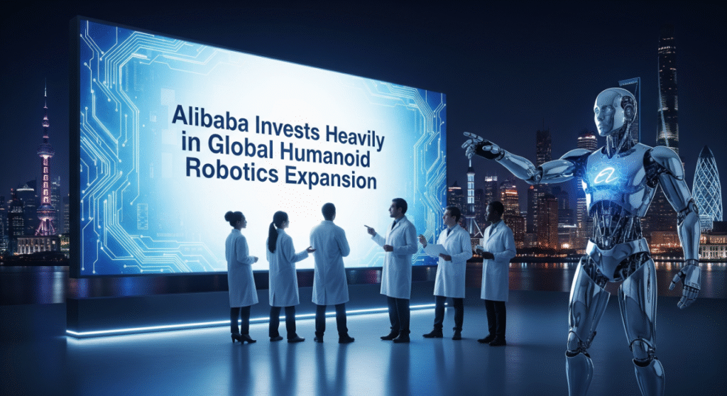 Futuristic lab scene with a large screen displaying "Alibaba Invests Heavily in Global Humanoid Robotics Expansion." Scientists discuss a chrome humanoid robot with an embedded Alibaba logo. Global cityscapes are visible in the background