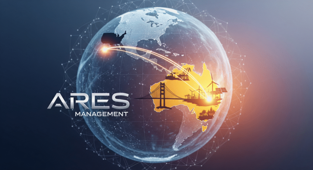 A conceptual image showing a globe with a luminous network of lines and dots. The Australian continent is highlighted in a golden-yellow hue, filled with silhouettes of infrastructure such as a bridge, a wind turbine, a port, and a solar farm. A glowing orange line connects a point over the United States to Australia, symbolizing investment. The "Ares Management" logo is prominently displayed in the foreground. This visual metaphor illustrates a global financial expansion and new infrastructure investment opportunities.
