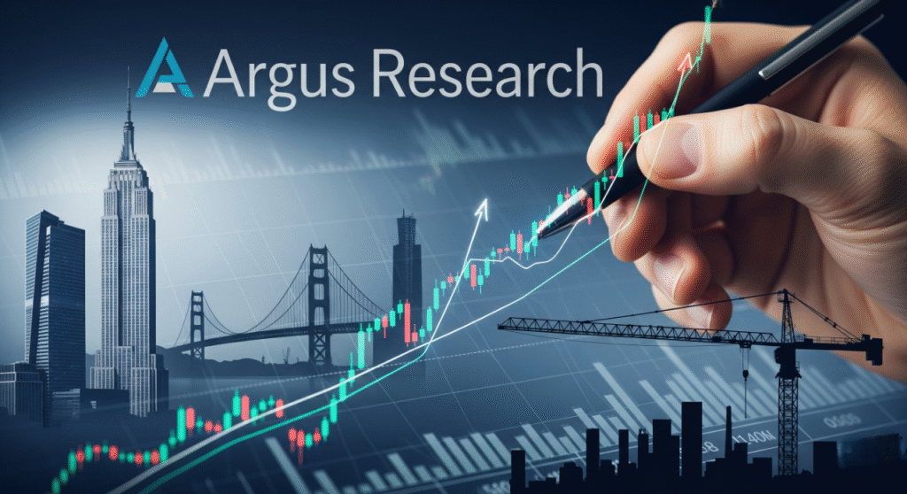 A detailed conceptual image for financial news. The "Argus Research" logo is prominently displayed in the upper left. A hand holds a pen, pointing at an upward-trending financial stock chart, which overlays a backdrop of iconic U.S. engineering and construction landmarks like the Empire State Building and the Golden Gate Bridge, along with construction cranes. The chart shows green and red candlesticks, indicating market fluctuations and revised price targets. This image visually represents financial analysis in the engineering and construction sector.