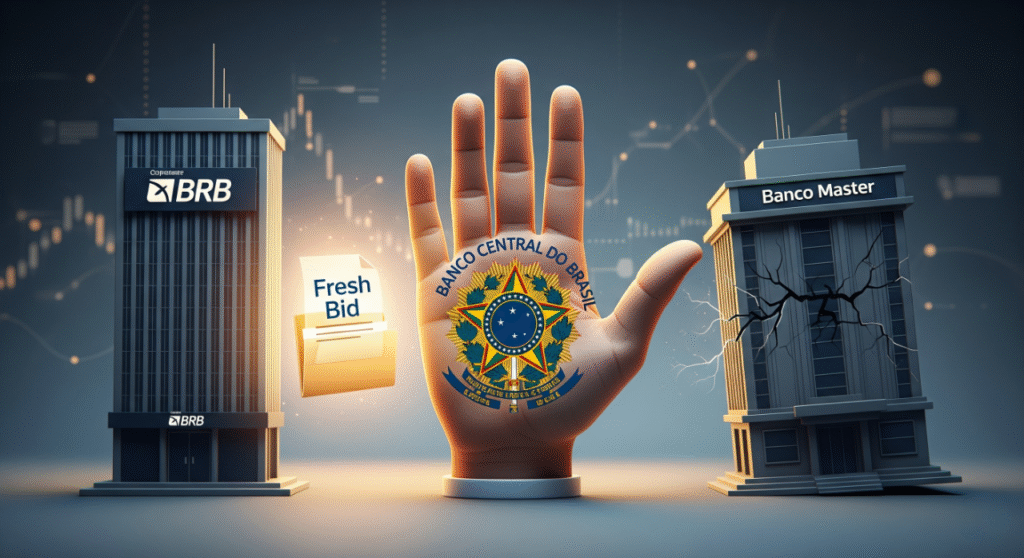 A conceptual image showing a large, stylized hand with the Brazilian Central Bank emblem on its palm, acting as a barrier between two generic bank buildings. The building on the left is labeled 'BRB' and appears solid, while the building on the right, labeled 'Banco Master', is cracked and tilted. A document labeled 'Fresh Bid' glows on the left side, near the BRB building."