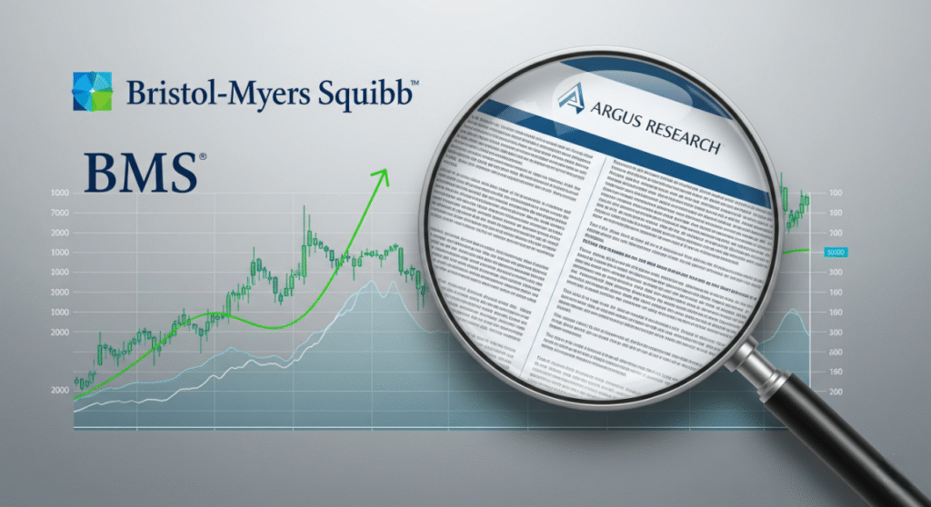 A conceptual image showing a Bristol-Myers Squibb stock chart with an upward trend. A large magnifying glass is centered over the chart, and inside, a detailed financial report from Argus Research is visible. The Bristol-Myers Squibb (BMS) logo is prominent on the left side, symbolizing a positive stock outlook based on expert analysis.