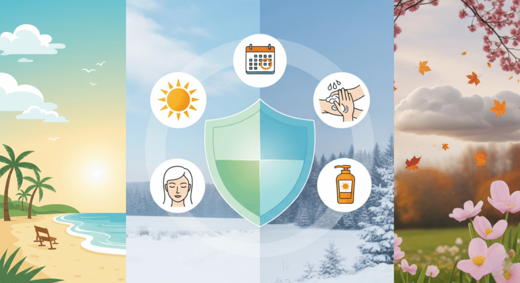 A vibrant, split-panel image illustrating year-round skin protection. The left panel depicts a sunny beach scene with palm trees (summer), the center panel shows a snowy landscape (winter), and the right panel features autumn leaves and spring flowers. Overlaid in the center is a protective shield icon surrounded by five circular icons: a calendar for daily use, a sun for UV protection, a hand washing for hygiene, a lotion bottle for application, and a stylized face for healthy skin. This visual metaphor emphasizes consistent sunscreen habits across all seasons for optimal skin health