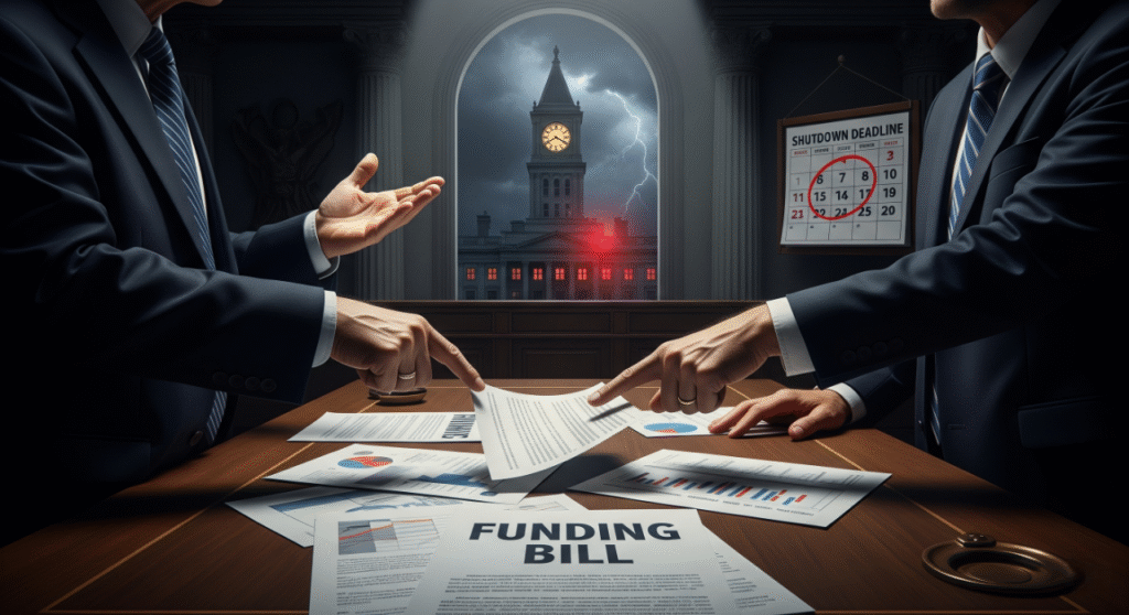 Political figures debating a "FUNDING BILL" in a tense, dimly lit government chamber, with a clock tower showing nearing midnight and a "SHUTDOWN DEADLINE" calendar in the background, symbolizing urgent political negotiations and risk of government shutdown.