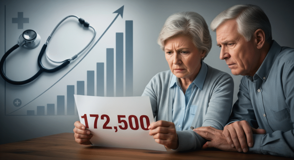 A senior couple looks at a document with a concerned expression. The number '172,500' is prominently displayed on the document. In the background, there is a bar chart with a steep upward trend and a stethoscope, symbolizing rising healthcare costs.