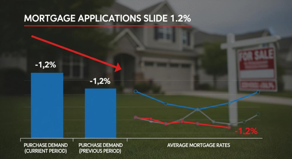 A graphic showing a bar chart and a line graph against a blurred image of a house with a 'For Sale' sign. The title 'MORTGAGE APPLICATIONS SLIDE 1.2%' is at the top. The bar chart shows 'PURCHASE DEMAND' for the current and previous periods, both at '-1.2%'. The line graph shows 'AVERAGE MORTGAGE RATES' with a generally downward trend, also indicating a '-1.2%' decline at its lowest point.