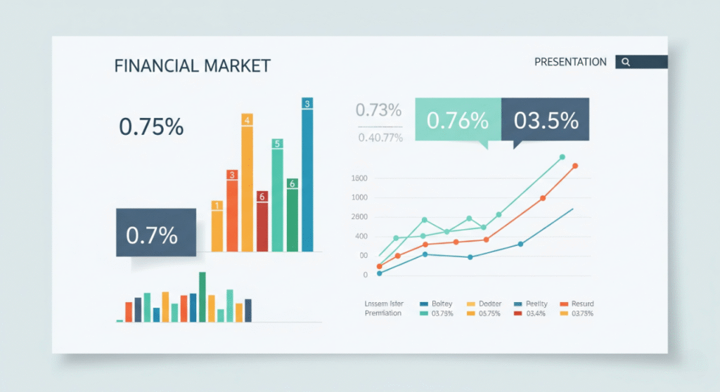 A presentation slide with the title 'FINANCIAL MARKET'. The slide contains several graphical elements: a bar chart with colorful columns, a line chart with three lines showing an upward trend, and four percentage circles that indicate different metrics."