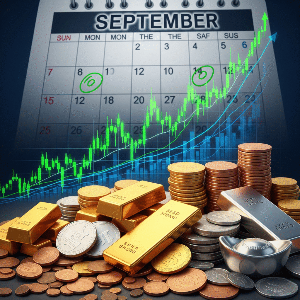 A pile of gold bars, silver bars, and various coins sits in the foreground. In the background, a large calendar shows the month of "SEPTEMBER," with several dates circled. An upward-trending stock market graph is superimposed over the calendar, symbolizing a rally in stocks.