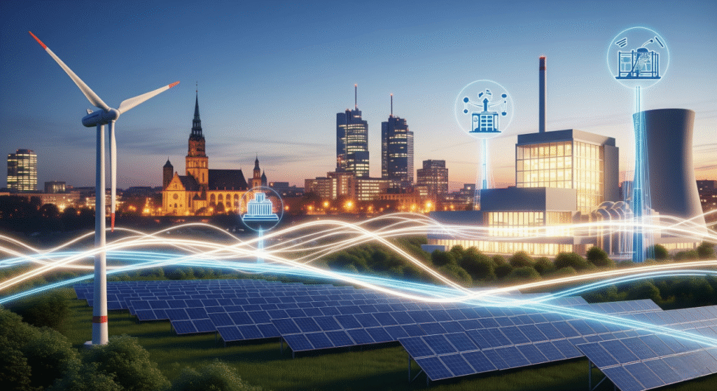 A conceptual image of a German city skyline at dusk, showcasing various energy sources. In the foreground, there are solar panels and a large wind turbine. In the background, a modern power plant with illuminated windows is visible, along with city skyscrapers. Luminous, curving light trails connect the different energy sources, symbolizing an interconnected power grid.