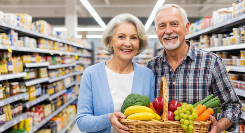 A smiling senior couple stands in a brightly lit grocery store aisle, holding a wicker basket full of fresh produce, including broccoli, bananas, apples, carrots, and grapes. The man has a beard and is wearing a plaid shirt, and the woman has short gray hair and is wearing a light blue cardigan