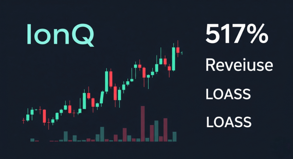 An IonQ stock chart showing a significant rise, with green candles indicating gains and red ones indicating losses. In the top right corner, large white numbers display '517%', accompanied by the words 'REVENUE' and 'LOSS', highlighting the contrast between the revenue growth and the widening losses.