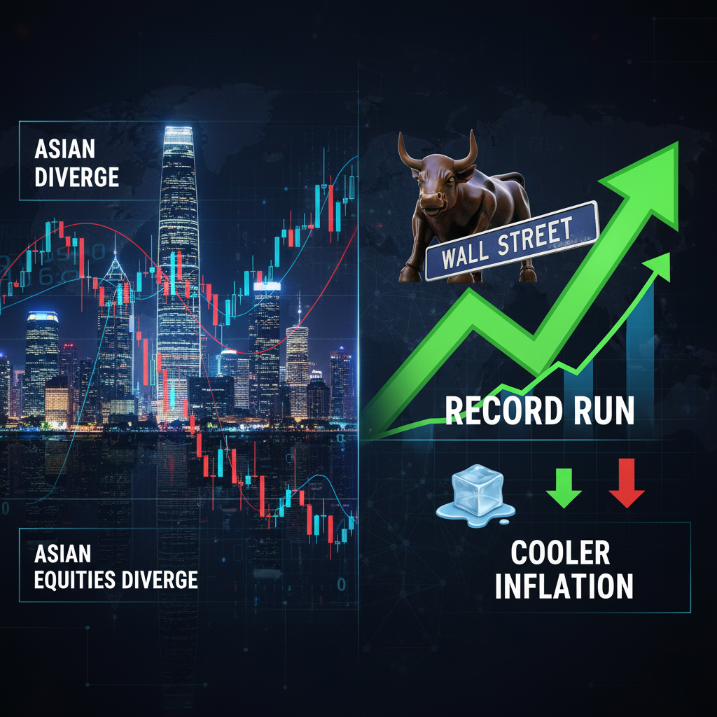 A divided conceptual image illustrating global stock market trends. The left side features a nighttime cityscape with Asian skyscrapers and a diverging stock chart, labeled "ASIAN EQUITIES DIVERGE." The right side shows a bronze "Charging Bull" statue, a "WALL STREET" sign, and a large green upward arrow with "RECORD RUN" text, indicating growth. Below it, an ice cube and red downward arrows symbolize "COOLER INFLATION." The image highlights the contrasting performance between Asian and U.S. markets.