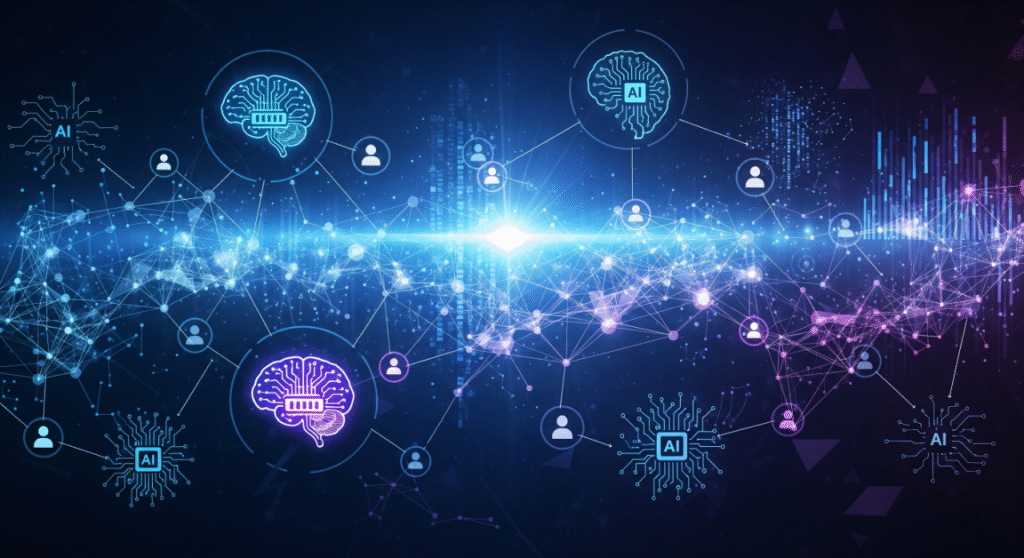 A futuristic, digital graphic with a central bright light surrounded by a network of glowing blue and purple lines and nodes. Various icons are connected to the network, including stylized brains, circuit boards with 'AI' written on them, and human profile silhouettes, all set against a dark blue background.