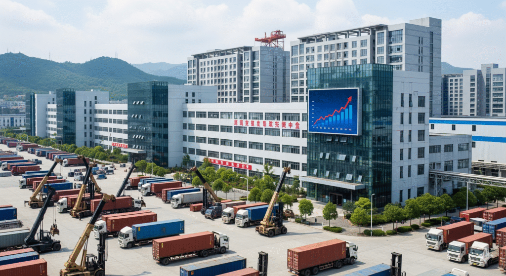 An aerial view of a bustling Chinese factory complex with multiple large buildings, some displaying Chinese characters, under a partly cloudy sky. In the foreground, numerous shipping containers are being loaded onto trucks by cranes, indicating high industrial activity. A prominent digital billboard on one of the main buildings displays a vibrant red arrow pointing upwards over a bar graph, symbolizing economic growth.