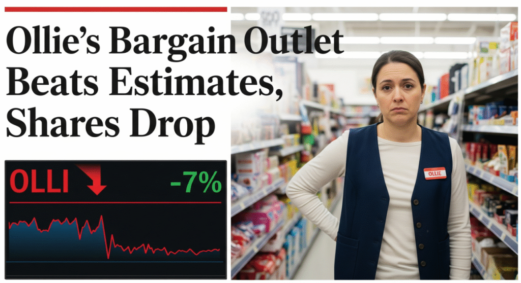 A visual split into two sections. On the left, a large headline reads 'Ollie’s Bargain Outlet Beats Estimates, Shares Drop.' Below it, a stock chart for 'OLLI' shows a sharp decline, with a red arrow and '-7%.' On the right, a person wearing a vest with a name tag that says 'Ollie' stands in a store aisle with a disappointed expression.