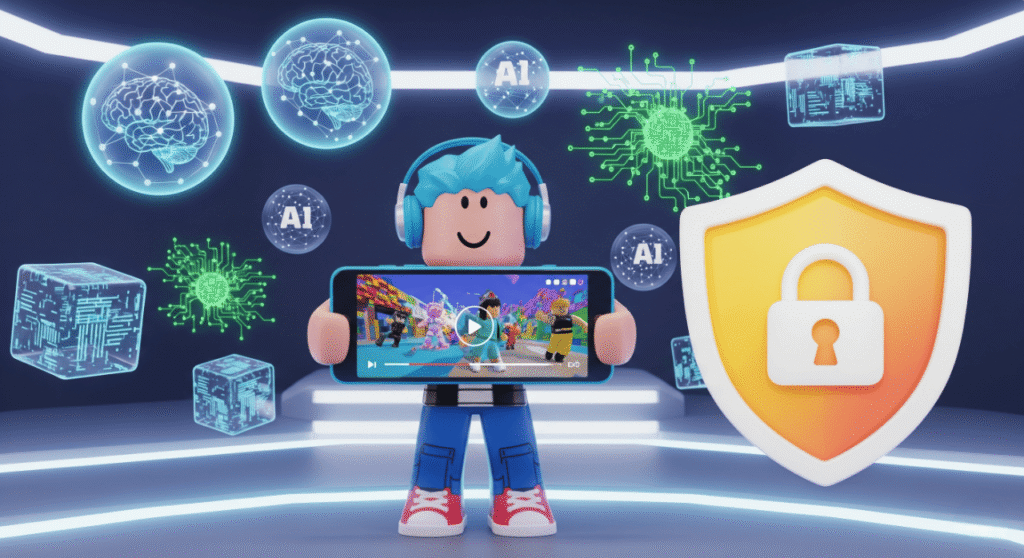 A 3D representation of a Roblox avatar with blue hair and headphones, holding a smartphone that displays a short video of Roblox gameplay. Around it, there are floating icons of brains and circuits, representing AI, and a large yellow shield with a white padlock, symbolizing child safety and protection.