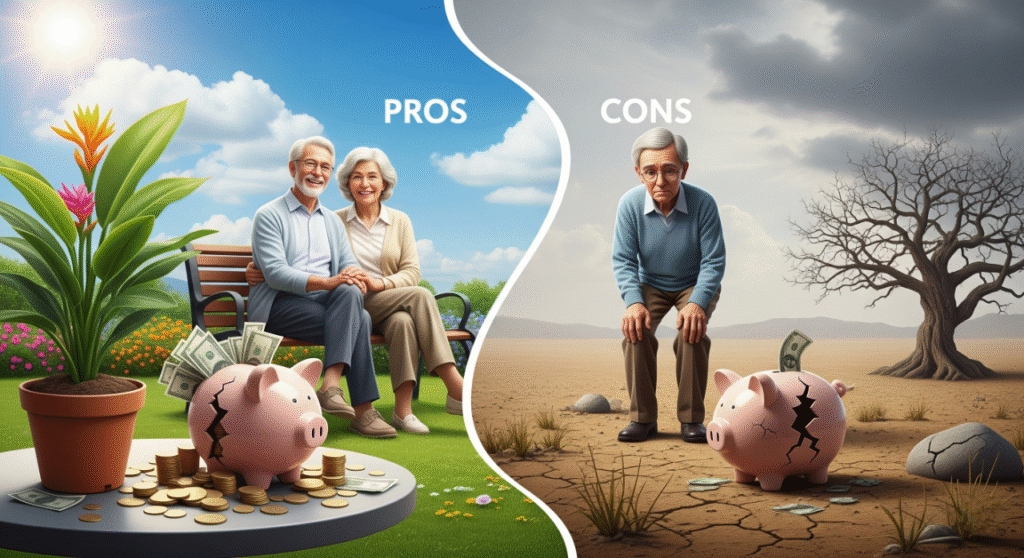 A conceptual image split into two sides. The left side, labeled 'PROS,' shows a smiling senior couple on a park bench with a full piggy bank and a blooming plant under a bright sky. The right side, labeled 'CONS,' shows a single, worried-looking senior man standing next to a cracked and empty piggy bank on a dry, barren landscape under a gloomy sky