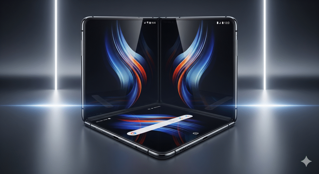 A sleek, black foldable smartphone, possibly a Huawei Mate X, is shown partially folded into a 'V' shape on a reflective dark surface. Its screen displays a vibrant, abstract wallpaper with blue and orange tones, and a Google search bar is visible on the lower section of the screen. Two vertical white light bars illuminate the background.