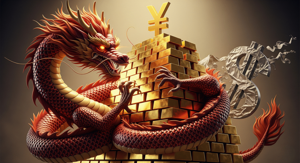A majestic red and gold Chinese dragon coils protectively around a towering stack of gold bars. Above the gold, a large, prominent Chinese yuan symbol stands tall, while a crumpled and faded U.S. dollar symbol appears in the background to the right