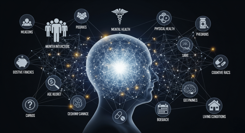A glowing, translucent outline of a human head in profile, against a dark background, with a bright starburst at its core. A complex web of interconnected lines and dots surrounds the head, linking various icons that represent different aspects of mental health and aging, such as social interaction, physical health, medication, and cognitive function.