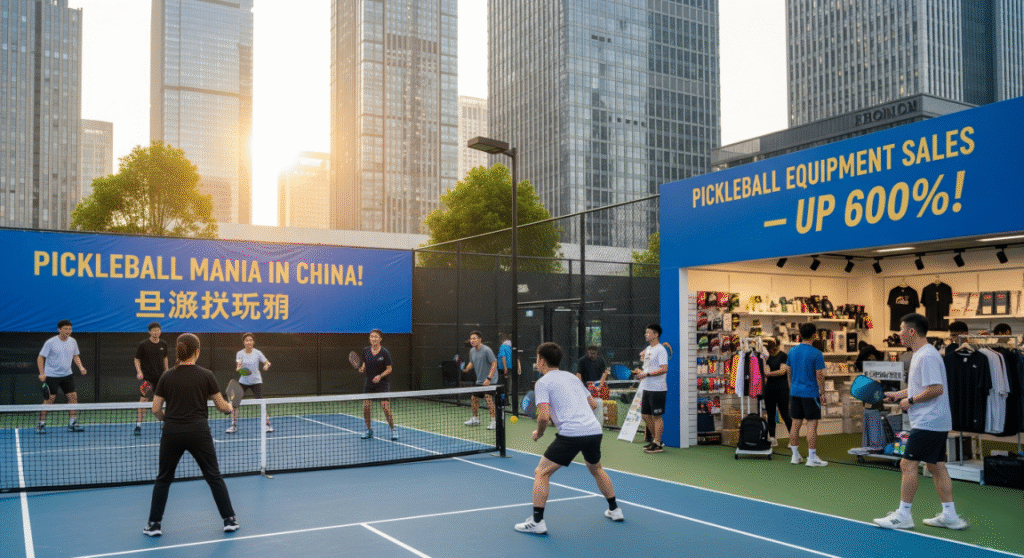 An outdoor pickleball court in an urban area of China, with skyscrapers in the background. Several people are playing or watching the game. A large blue banner on the left says 'PICKLEBALL MANIA IN CHINA!' and on the right, another blue banner indicates 'PICKLEBALL EQUIPMENT SALES - UP 600%!', covering the entrance to a sports equipment store where more people are present