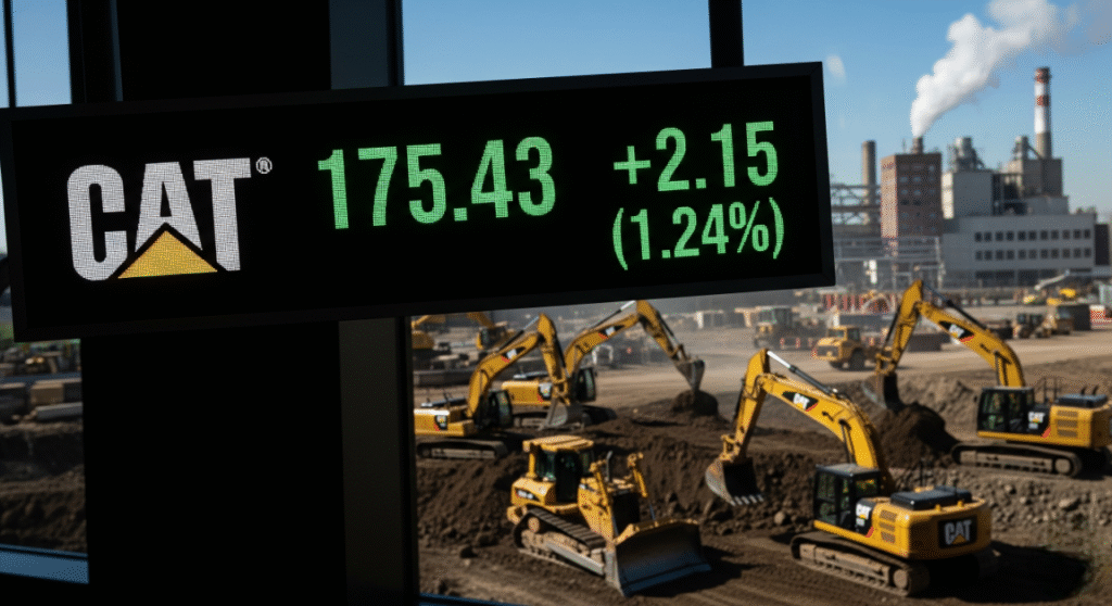 "A financial ticker for Caterpillar (CAT) stock showing a positive gain, overlaid on a blurred image of a construction site with multiple yellow Caterpillar excavators and heavy machinery, with an industrial plant in the background under a clear sky.