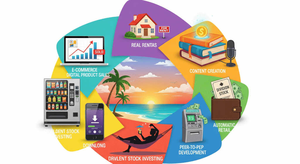 An infographic showing a central image of a person in a hammock on a beach at sunset. Around the central image are seven circular sections, each representing a passive income idea with an icon and text: 'E-commerce Digital Product,' 'Real Rental,' 'Content Creation,' 'Dividend Stock Investing,' 'Peer-To-Peld Savings,' 'Automatie Retail,' and 'Mobile Store'