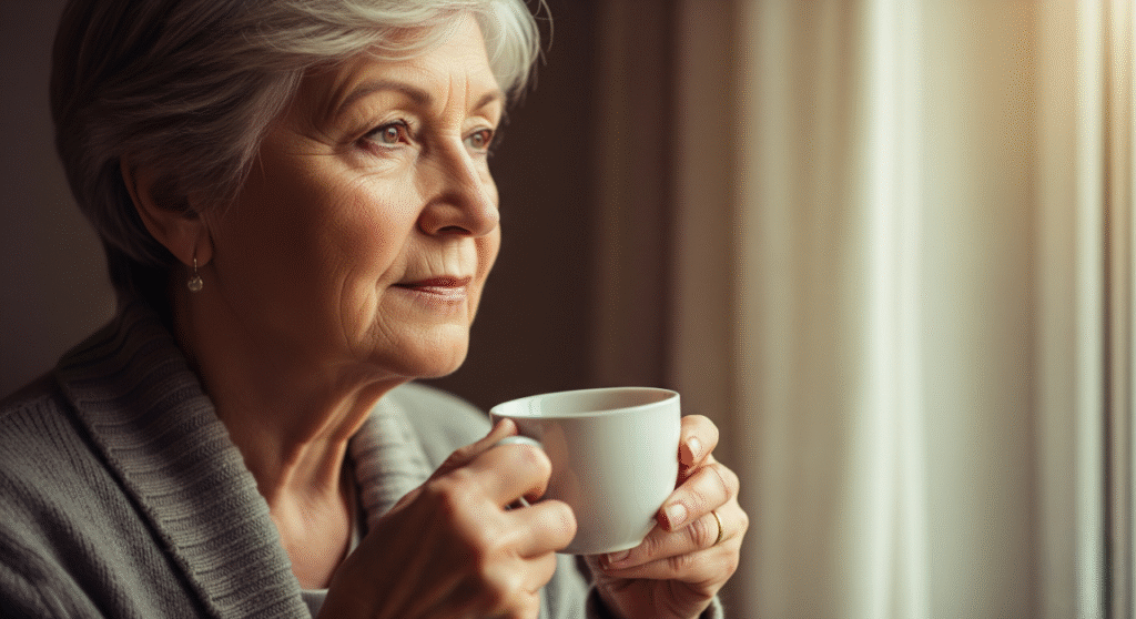 A close-up of a senior woman with short gray hair, holding a white teacup and looking out of a window. Soft, warm light from the window illuminates her face. The image has a calm and contemplative feel.