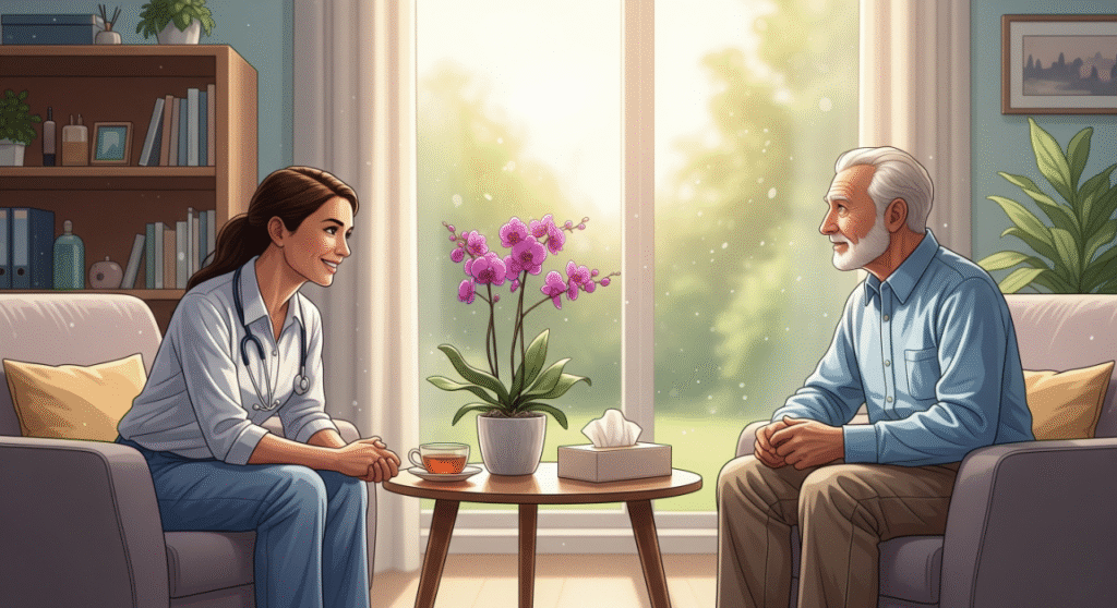 A female therapist and a senior male patient are sitting in comfortable armchairs facing each other in a bright, peaceful office. A small table between them holds a blooming orchid plant, a teacup, and a box of tissues. The scene, bathed in warm sunlight from a large window, conveys a sense of hope and healing.