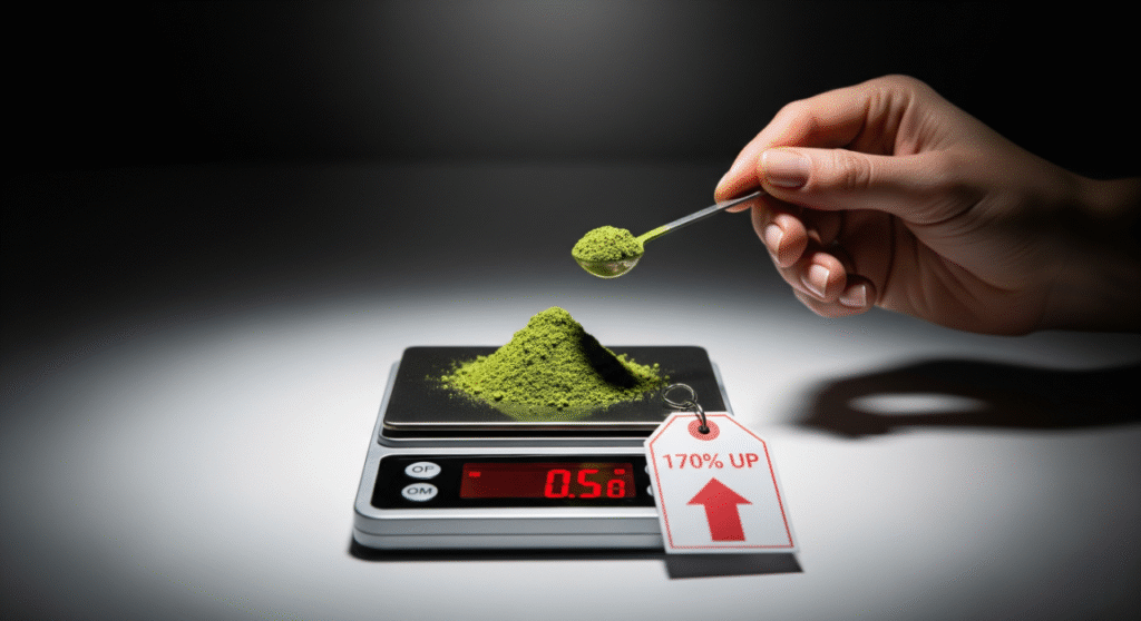 A hand holds a small spoon with matcha powder over a pile of matcha powder on a digital scale, which displays '0.5g'. A price tag attached to the scale shows '170% UP' with a red upward arrow, all set against a dark background with dramatic lighting