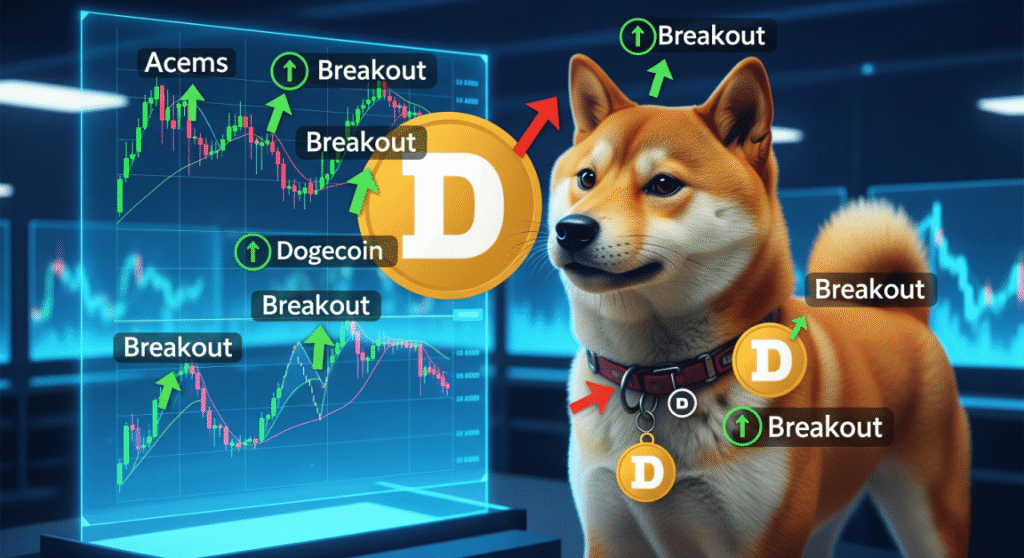 A Shiba Inu dog stands in front of a futuristic holographic display showing a cryptocurrency trading chart with 'DOGECOIN' at the top. The chart has green and red candles, with multiple "Breakout" arrows pointing to potential upward or downward movements. A large Dogecoin symbol is centrally placed, and the dog wears a collar with a small Dogecoin charm."