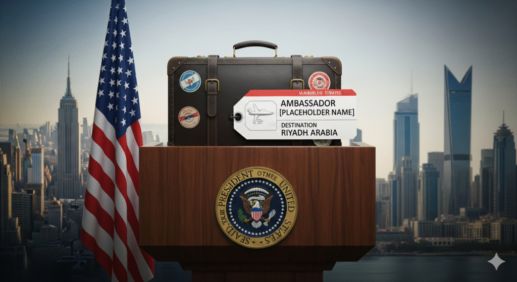 A conceptual image showing a dark wooden podium with the Presidential Seal and an American flag. On the podium sits a leather suitcase with travel stickers and a large tag reading 'AMBASSADOR [PLACEHOLDER NAME], RIYADH, SAUDI ARABIA'. The background is a composite of the New York City skyline on the left and a Saudi Arabian city skyline on the right.