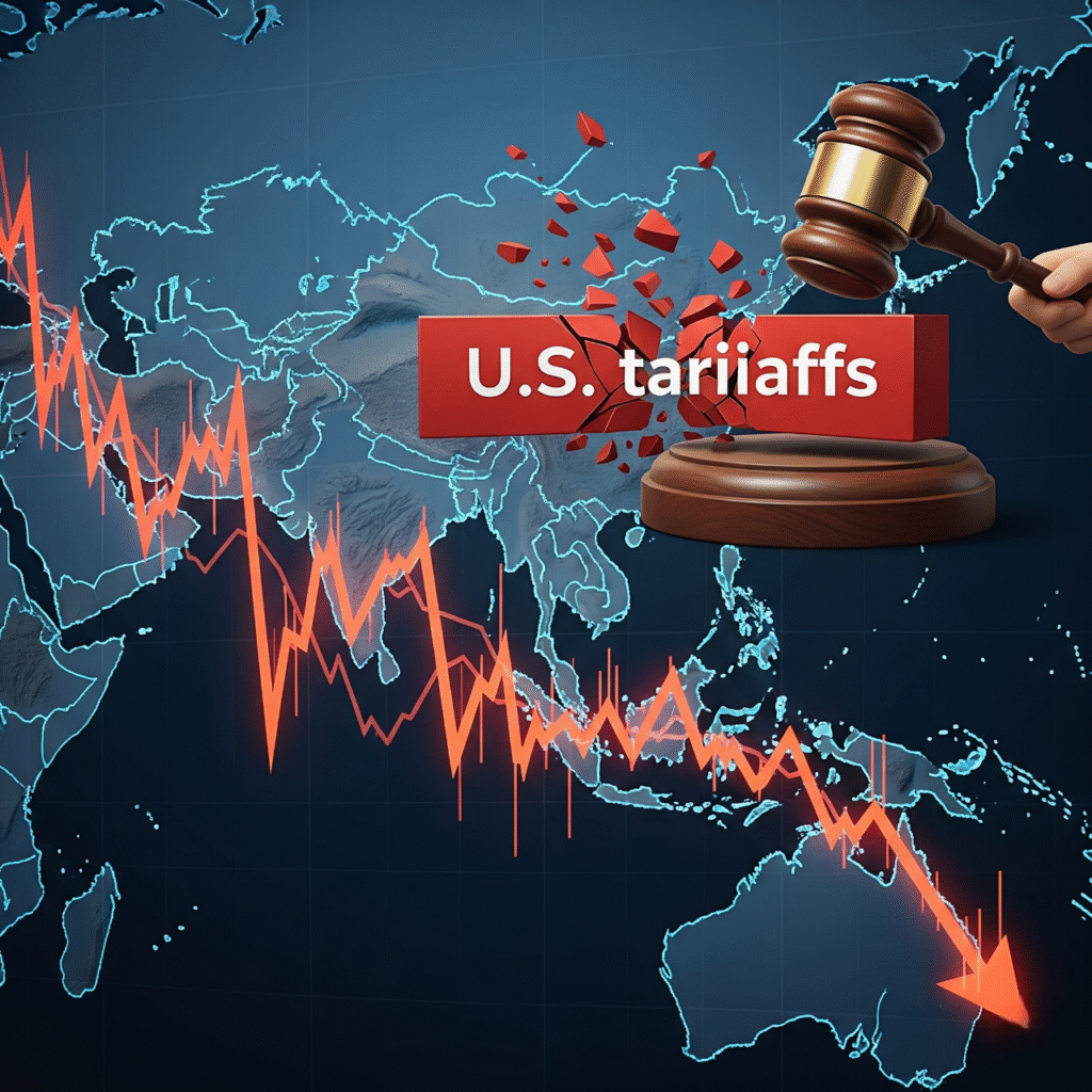 Here's an alt text for the image in English: A dark blue world map, centered on the Asia-Pacific region, serves as the background. A prominent red downward-trending line graph with sharp peaks and valleys overlays the map, indicating a decline. In the foreground, a red rectangular block labeled "U.S. tariffs" is shattered into pieces, with fragments scattering. A judge's gavel is positioned to the right, poised as if having just struck and broken the "U.S. tariffs" block.