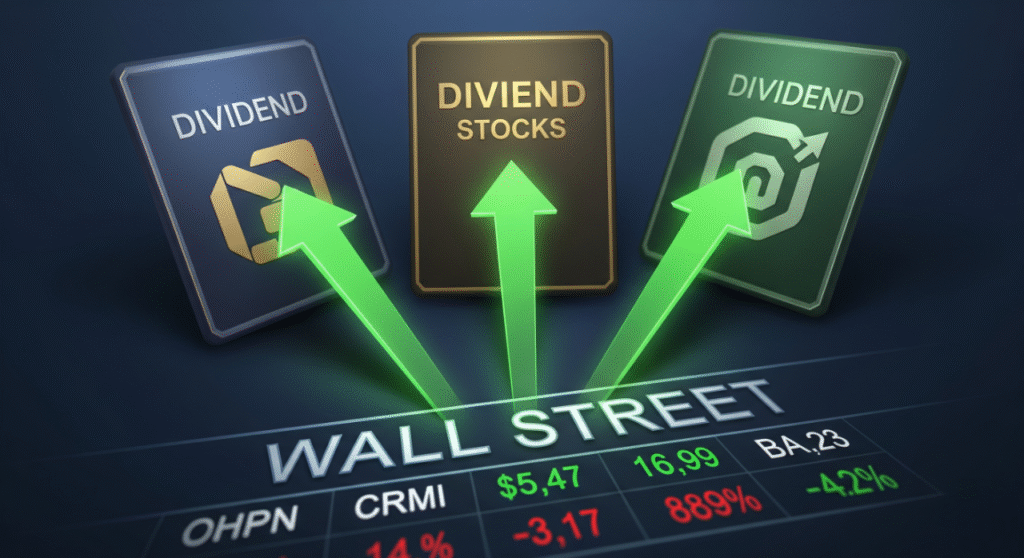 A sleek, dark-themed conceptual image. Three glowing green arrows point upwards from a "WALL STREET" ticker displaying stock data, indicating growth. Each arrow leads to a distinct rectangular card: one blue with a stylized box icon, one gold with "DIVIDEND STOCKS" text, and one green with a target/arrow icon. The cards all feature the word "DIVIDEND" or "DIVIDEND STOCKS," signifying investment and steady income from dividend-paying companies.