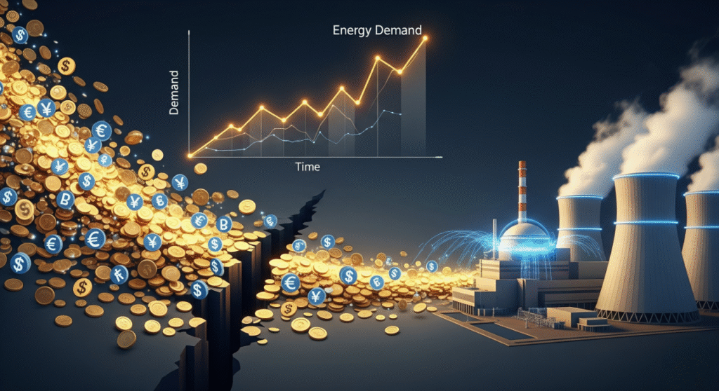 A compelling conceptual image illustrating the financial landscape of nuclear energy. On the right, a detailed rendering of a nuclear power plant with glowing blue energy lines flowing from it. On the left, a large pile of gold and various currency coins (dollars, euros, yen) are falling into a deep crack, symbolizing financial gaps. Above, a line graph shows "Energy Demand" increasing significantly over time, indicating a rising need for power. This image conveys both the massive investment in nuclear energy and the remaining financial challenges.