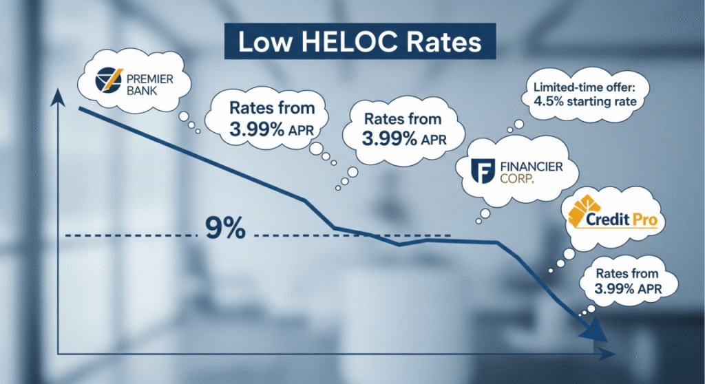 Graph illustrating low HELOC rates, with a downward trend line staying below 9% APR, surrounded by lender offers from "Premier Bank," "Credit Union Pro," and "Financier Corp.