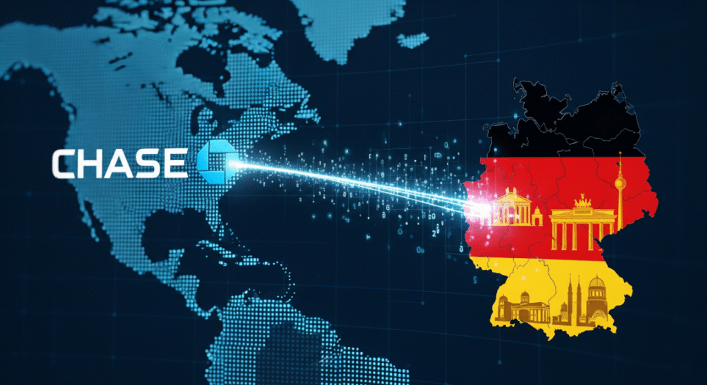 A digital map of the world with North America on the left and Europe on the right. The word 'CHASE' is prominently displayed over North America, with a glowing blue line extending from it towards a map of Germany, which is colored with the German flag and features silhouettes of famous German landmarks. The blue line represents digital connectivity and expansion